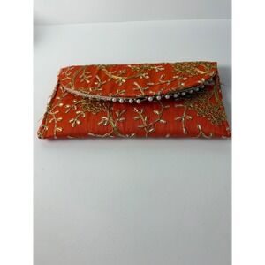 Vintage Orange Gold Embroidered Floral Clutch Bag Faux Pearl Trim Heart Zipper‎